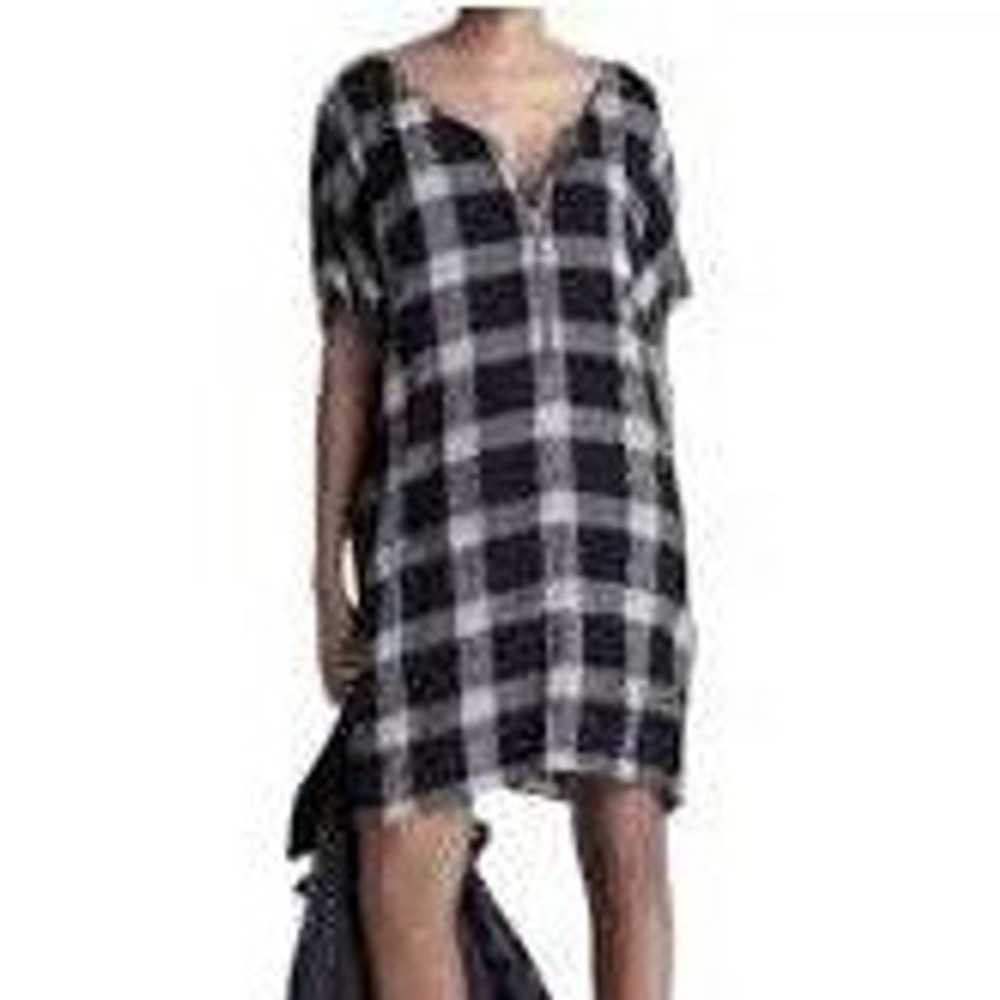 Madewell Black White Windowpane Plaid Zipper V-Neck Shift Dress Size‎ M NEW